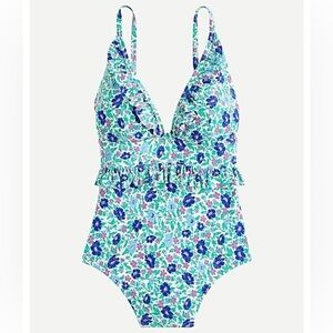 ⭐️HP! J. Crew Ruffle Neck Swimsuit in Blue Storybook Floral. Size 18. New!